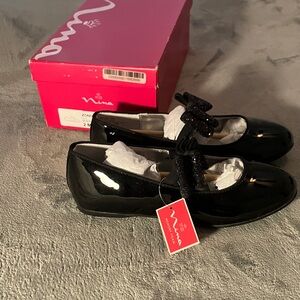 Nina Black Patent Mary Jane Flats with Bow Accent